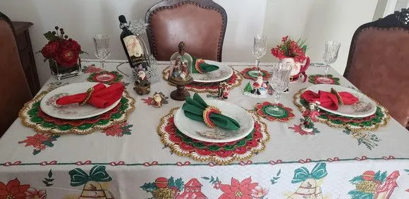 Conjunto Sousplat Natal Luxo Crochê Vermelho Verde 18 Peças - foto 3