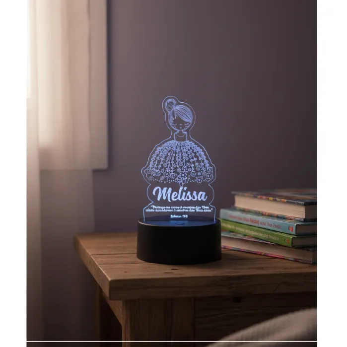 Luminaria menina com saia de flores personalizada para quarto em acrilico com base de led RGB