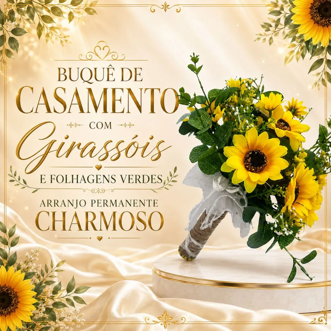 Buquê de Casamento com Girassóis e Folhagens Verdes Arranjo Permanente Charmoso - artesanato feito à mão por FlorDecorar