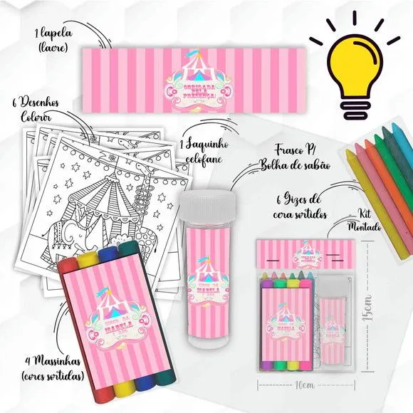 Kit Massinha + Giz + Bolha Circo Rosa Personalizado - feito à mão por Mi Papelaria Criativa