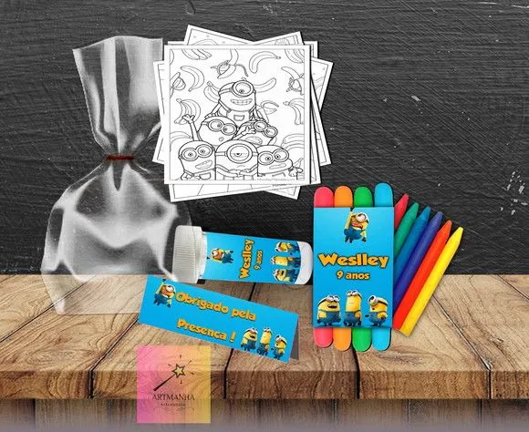 Kit Massinha + Giz + Bolha Minions Personalizado - feito à mão por Artmanha Lembrancinhas