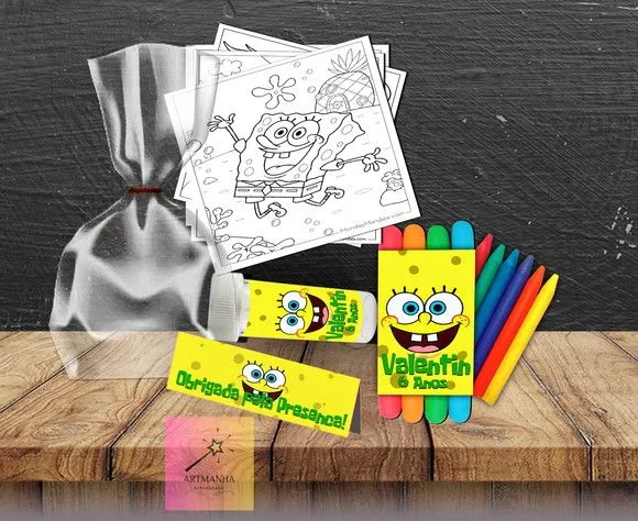 Kit Massinha + Giz + Bolha Bob Esponja Personalizado - feito à mão por Artmanha Lembrancinhas