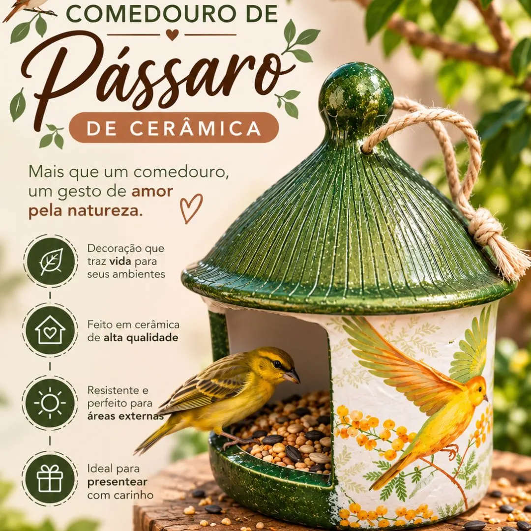 Comedouro De Pássaro De Cerâmica Artesanal Verde Outono - foto 3