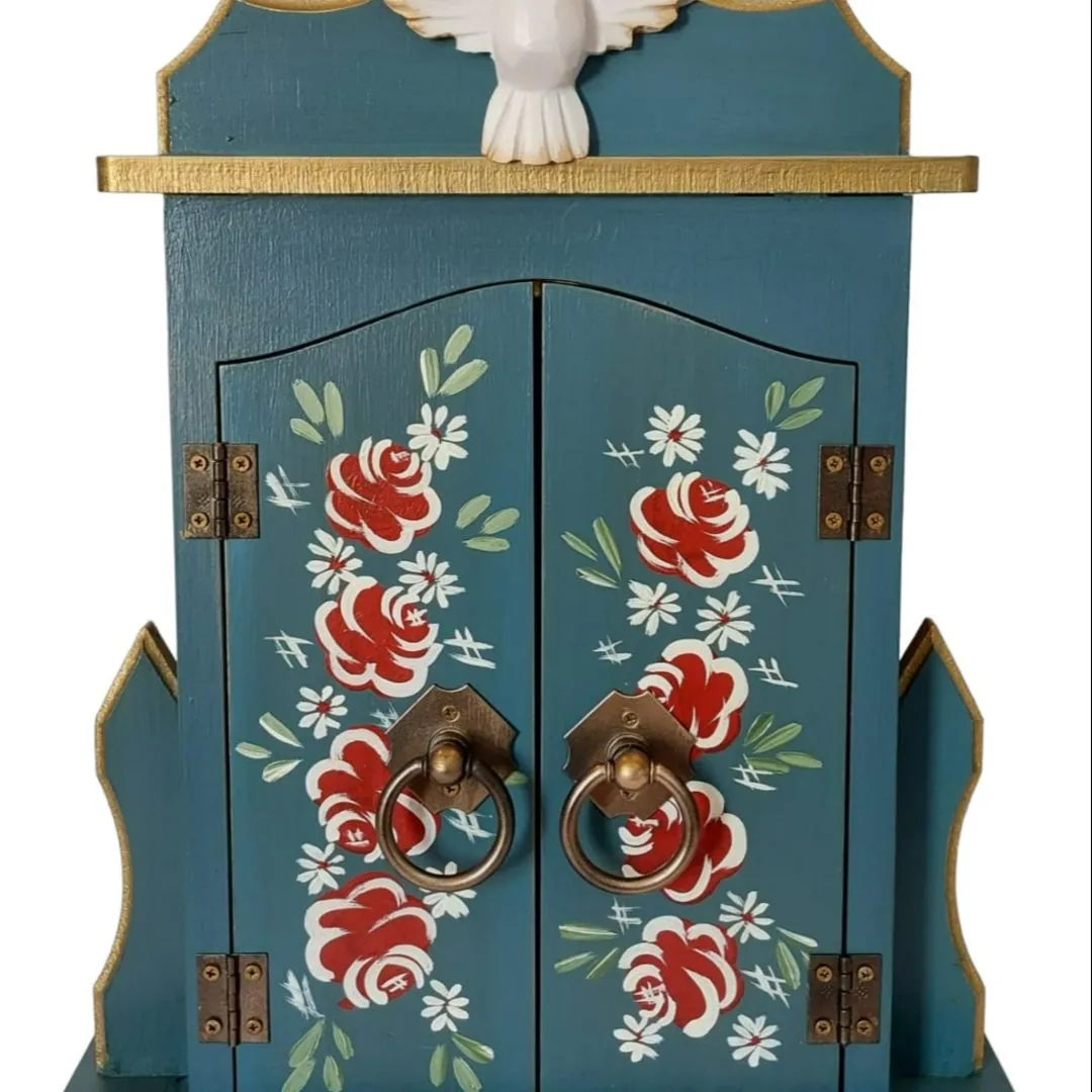 Oratório Capela Com Porta Para Imagens De Até 20cm Azul Ouro Preto - Com Iluminação - foto 7
