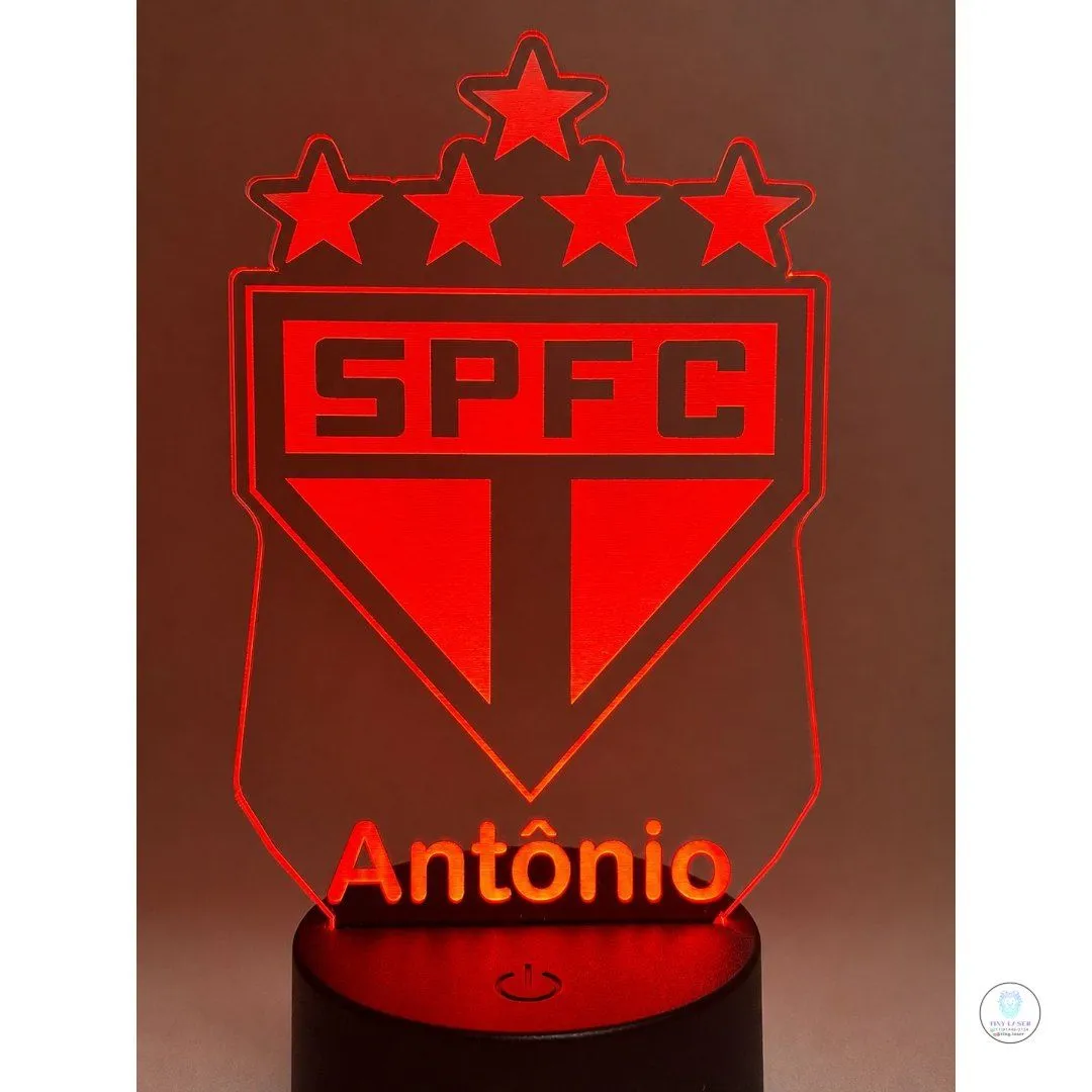 Luminária Abajur São Paulo FC Led RGB Acrílico 3mm Personalizada Nome - Presente Decoração Quarto, envio imediato
