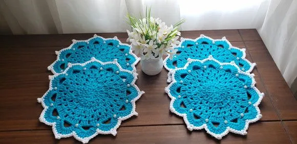 Mini Sousplat Crochê Café ou Chá Azul Turquesa /branco - foto 3