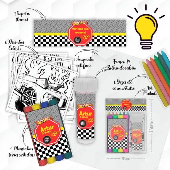 Kit Massinha + Giz + Bolha Hotwheels Personalizado - artesanato feito à mão por Mi Papelaria Criativa