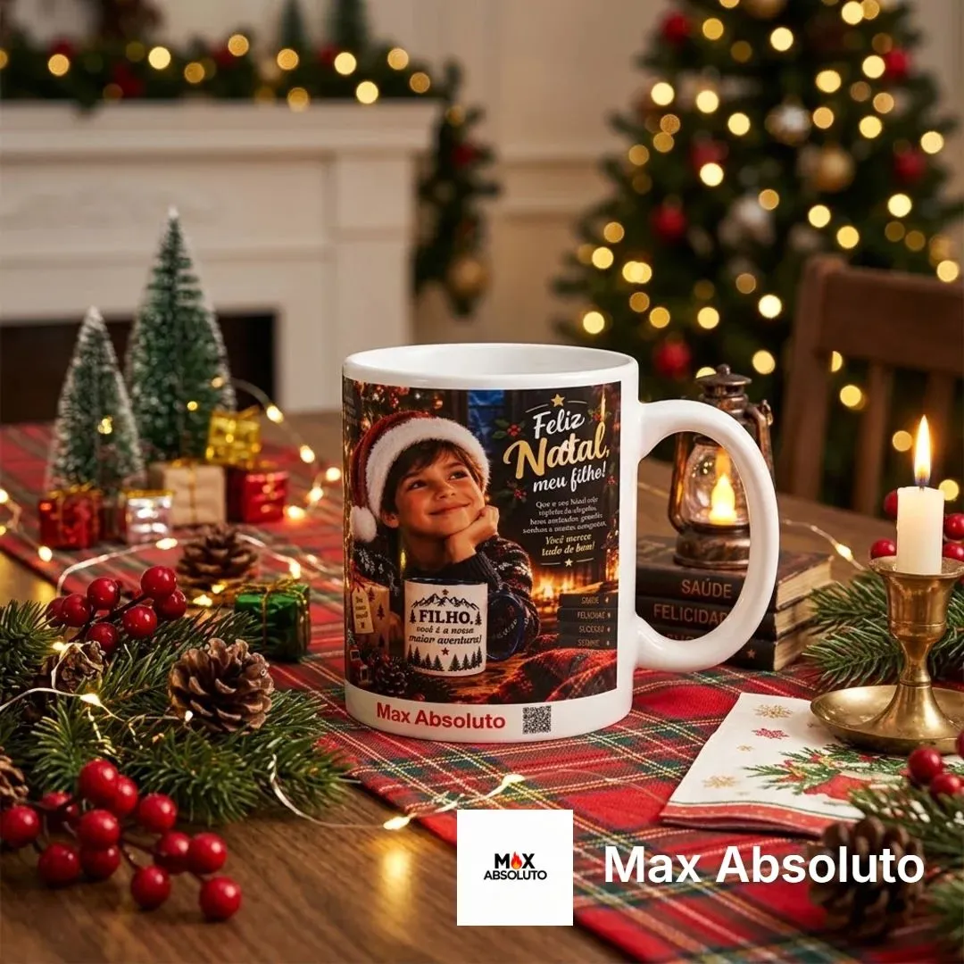 Caneca Porcelana Natal Filho com Árvores e Estrelas 325ml - artesanato de Max Absoluto