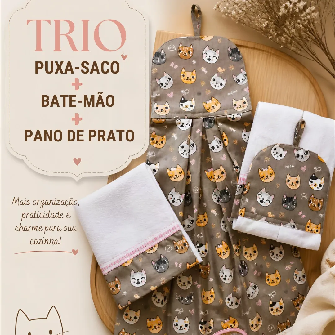 Kit 3 peças - Pano de prato, Bate mão e Puxa saco 4 - artesanato feito à mão por Djulik