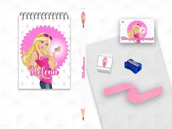 Bloquinho+ Borracha e Apontador Barbie Personalizada - artesanato feito à mão por creativitybynina
