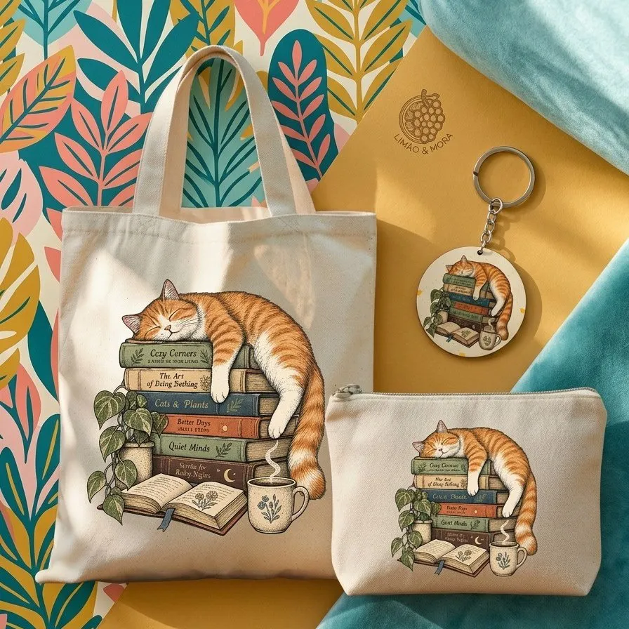 Kit Ecobag Necessaire E Chaveiro Presente Feminino Criativo Gato nos livros