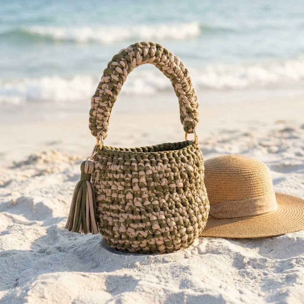 Bolsa em crochê  fio malha verde/creme - foto 3