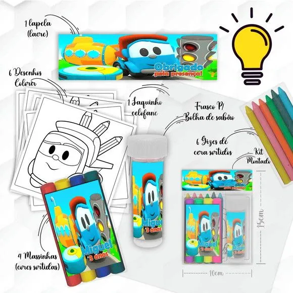Kit Massinha + Giz + Bolha Léo Caminhão Personalizado - artesanato feito à mão por Mi Papelaria Criativa