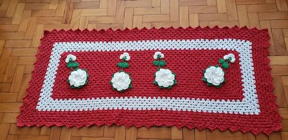 Jogo de Cozinha Crochê 03 Peças - Vermelho com Flores Branca - foto 2