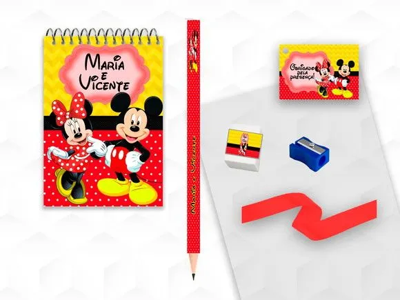 Bloquinho+borracha e Apontador Mickey e Minnie Personalizada - artesanato feito à mão por creativitybynina