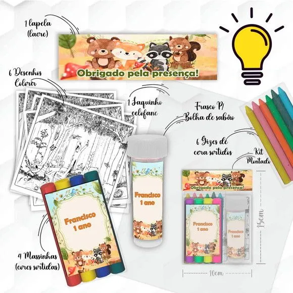 Kit Massinha + Giz + Bolha Bosque Personalizado - feito à mão por Mi Papelaria Criativa