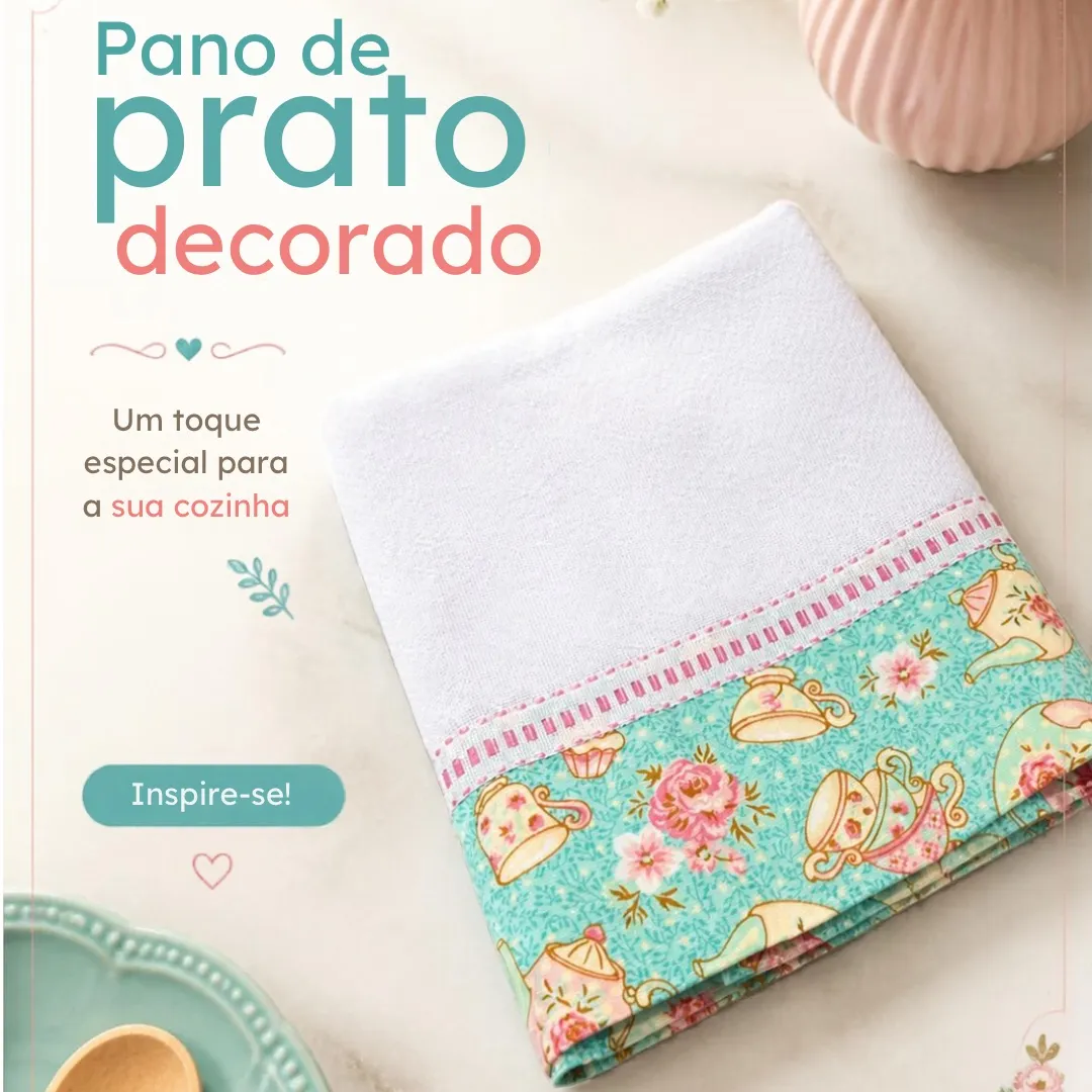 Pano de prato artesanal - com barrado de tecido 18 - artesanato de Djulik