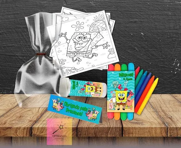 Kit Massinha + Giz + Bolha Bob Esponja Personalizado - feito à mão por Artmanha Lembrancinhas
