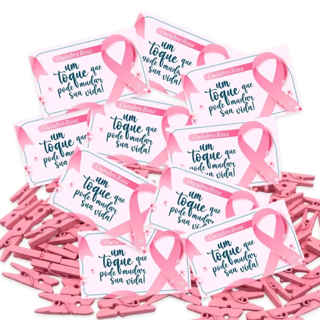 Kit 50 tags mini cartão Outubro Rosa com mini pregador