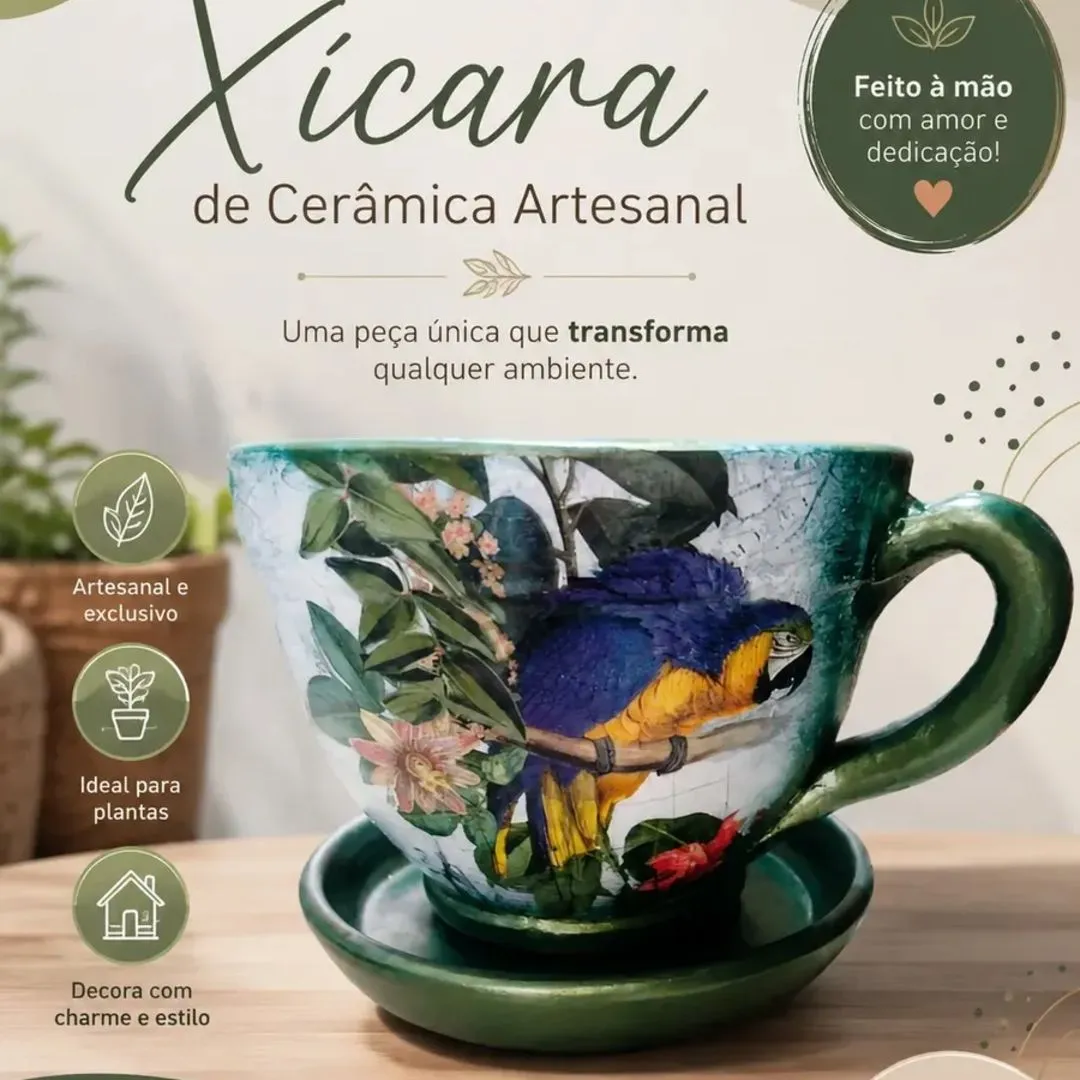 Vaso de Planta Tipo Xícara de Cerâmica Tamanho Médio Artesanal Arara - foto 3