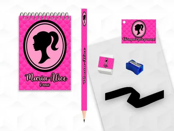 Bloquinho+ Borracha e Apontador Barbie Personalizada - artesanato feito à mão por creativitybynina