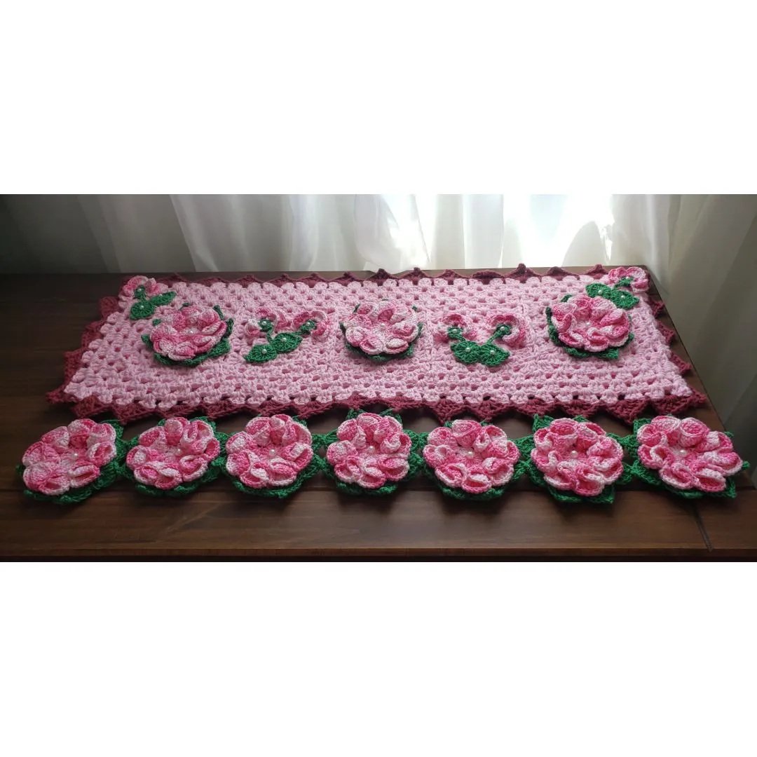 Capa Encaixe Crochê Tampa Fogão 5 Bocas Flores Rosa - foto 2