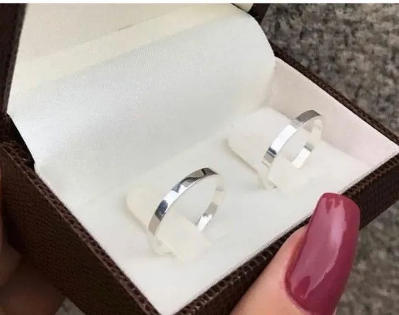 Par Alianças de Namoro Prata 950 2mm + Anel Solitário - artesanato feito à mão por TM JOIAS