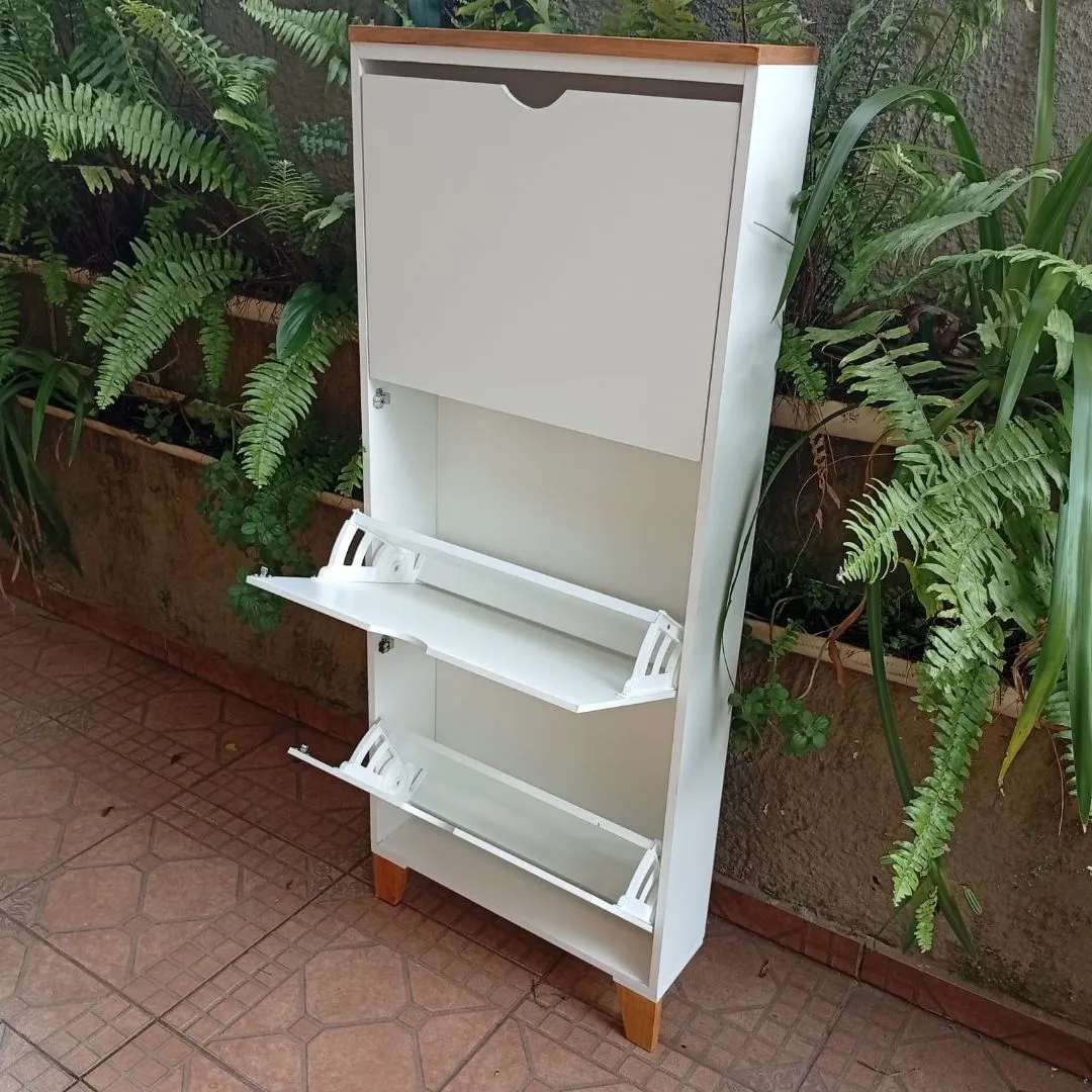 👞 Sapateira 156A - Slim - 3 Portas Basculantes – MDF Branco e Pinus Cerejeira - foto 3