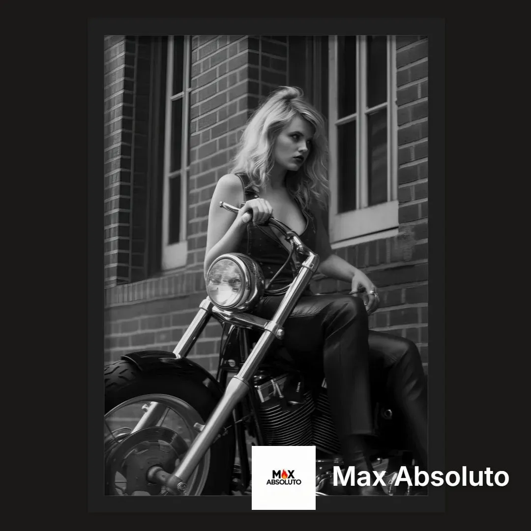 Quadro Mulher em Motocicleta Preto e Branco A3 - artesanato de Max Absoluto