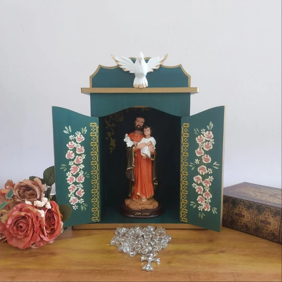Oratório Capela Com Porta Para Imagens De Até 20cm Azul Ouro Preto - Com Iluminação Azul Porta Almofadada - foto 3