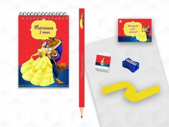 Bloquinho+ Borracha e Apontador Bela e a Fera Personalizada - artesanato feito à mão por creativitybynina