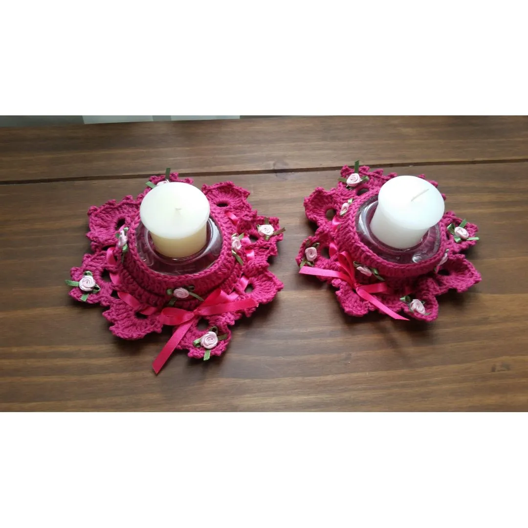 Par de Porta Velas em Crochê Magenta - artesanato de Mari Crochê feito com carinho!