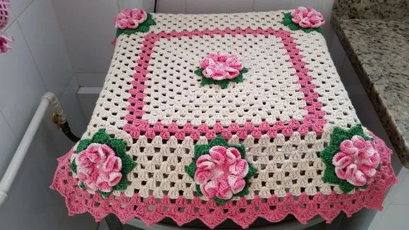 Capa para Fogão 04 Bocas em Crochê Flores Rosa - foto 2