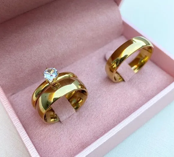 Par Alianças Noivado França 6mm Banhada + Anel Solitário - artesanato feito à mão por TM JOIAS