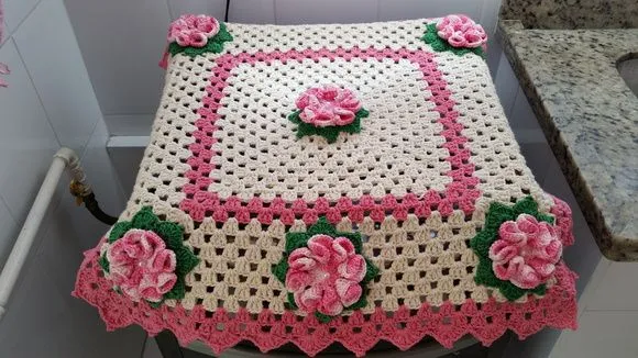 Capa para Fogão 04 Bocas em Crochê Flores Rosa - foto 4