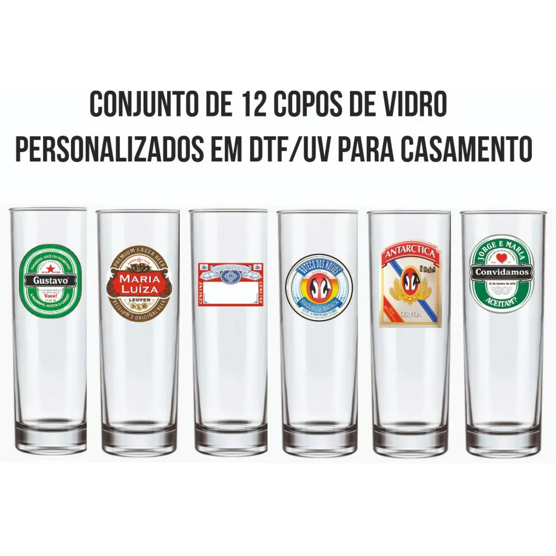 Conjunto de 6 Copos de Vidro - 300ml - Personalizados a Pedido do Cliente com Dtf/Uv para Comemoração, Casamentos e Eventos. - artesanato de Kharmo Arts Camisetas e Brindes Personalizados