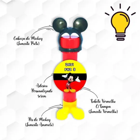Tubete Mickey com Pés e Cabeça Personalizado - feito à mão por Mi Papelaria Criativa