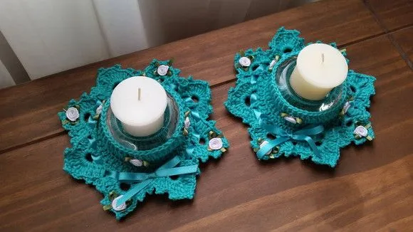 Conjunto de Porta Velas em Crochê - Verde Piscina - foto 5