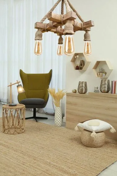 Lustre Pendente em Madeira e Sisal - foto 3