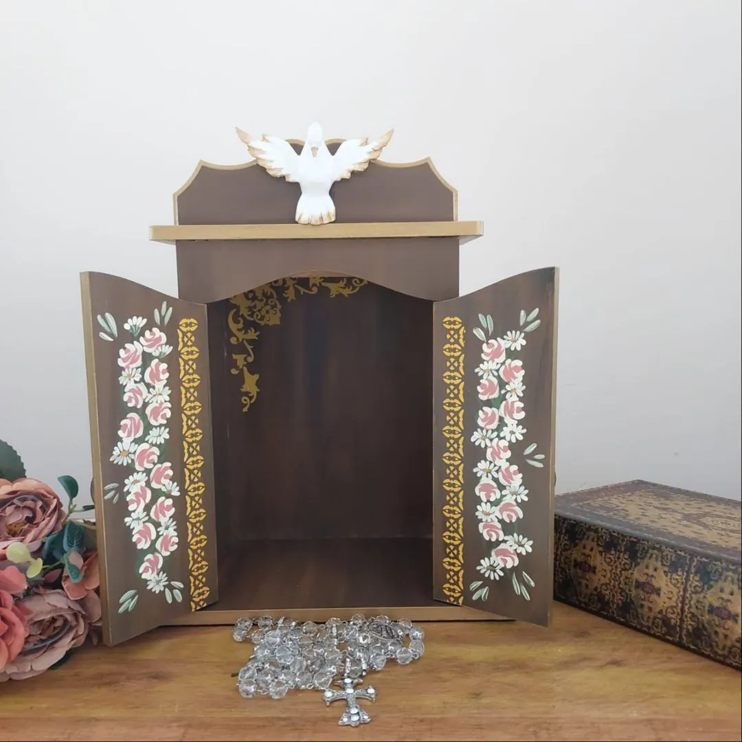Oratório Capela Com Porta Para Imagens De Até 20cm Azul Ouro Preto - Com Iluminação Marrom Porta Almofadada - foto 3
