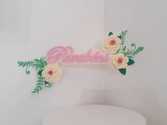 Topo de Bolo Parabéns c/ 3 Flores - Camadas - foto 2