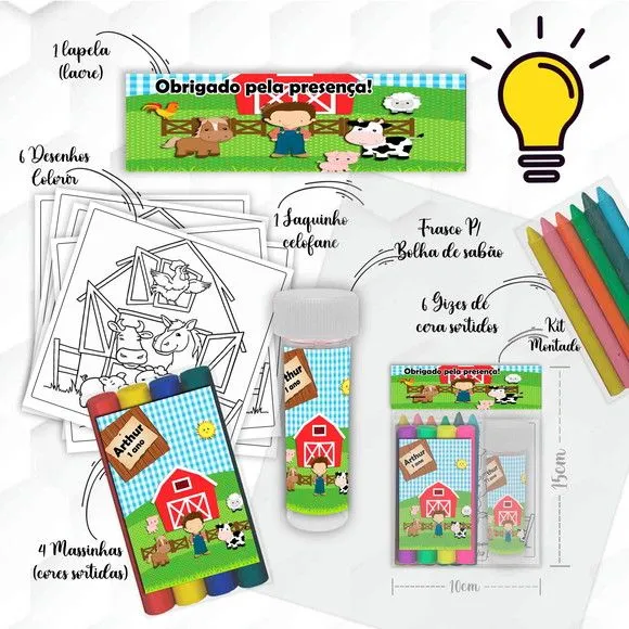 Kit Massinha + Giz + Bolha Fazendinha Personalizado - feito à mão por Mi Papelaria Criativa