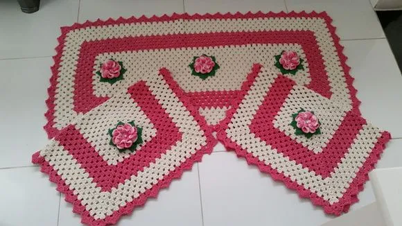 Jogo de Cozinha em Crochê 03 Peças - Flores Rosa Mesclado - foto 5