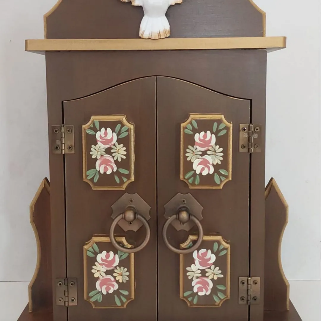 Oratório Capela Com Porta Para Imagens De Até 20cm Azul Ouro Preto - Com Iluminação Marrom Porta Almofadada - foto 2
