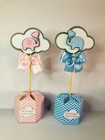 Centro de Mesa Chá Elefantinho Azul e Rosa - artesanato de Fina Essência Papelaria Personalizada