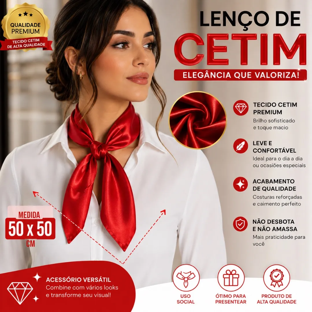 Lenço Vermelho 50x50 Cetim Lenço de Pescoço Acessório Feminino Bandana Festa