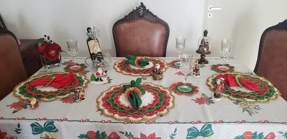 Conjunto Sousplat Natal Luxo Crochê Vermelho Verde 18 Peças