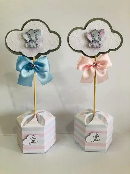 Centro de Mesa Chá Elefantinho Azul e Rosa - artesanato de Fina Essência Papelaria Personalizada