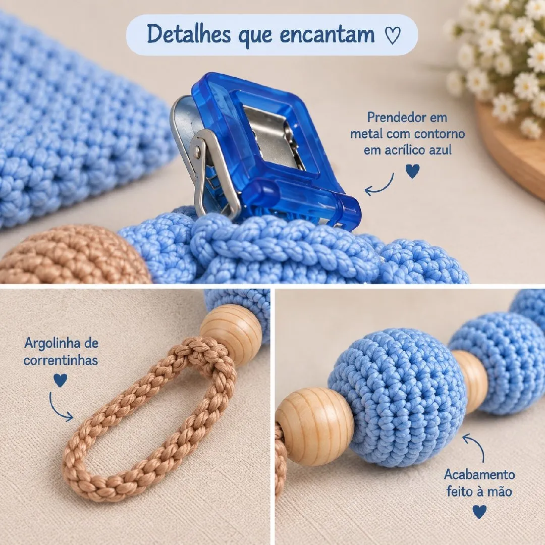 Kit Bebê Ursinho Amigurumi em Crochê – Chocalho e Prendedor de Chupeta - foto 5