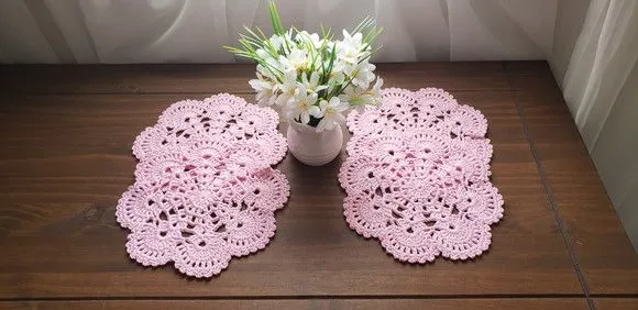 Jogo em Crochê 04 Toalhinhas - Rosa - artesanato de Mari Crochê feito com carinho!